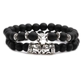 Matte black stone bead bracelet set with silver jaguar head and totem metal tube accents - Leopard Head Combination