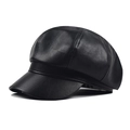 Classic black faux leather newsboy cap with octagonal panels and textured finish - Adjustable / Black