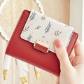 Short red PU leather wallet with leaf print flap and gold PRETTYETS clasp - Caramel