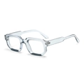 Detail view of transparent light blue thick square frame glasses with metal hinges - Transparent Blue Frame Clear Lens