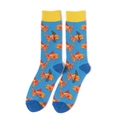 Detail of blue mid-calf cotton socks with goldfish patterns and shark fin embroidery - Sky Blue Goldfish Style (A601)