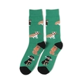 Close-up of green cotton blend socks featuring various cartoon dog patterns and black trim - Green Multiple Dogs Style (A325)