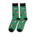 Mid-cut cotton socks in green featuring pixel shark and red broken heart patterns - Green Shark Heart Style (A328)