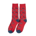 Detail view of red crew socks with blue scooter patterns and contrasting blue toe and heel - One Size / Red Scooter
