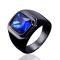 Detailed view of a rectangular blue gemstone set in a black titanium steel ring - Size 7 / Black/Blue Zirconia