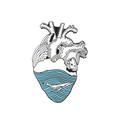 Broche en émail en forme de cœur avec vagues et motif de baleine en bleu et blanc - Cœur de Baleine Blanc Bleu