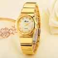 Elegant gold quartz watch with mother of pearl dial and crystal markers on soft fabric - Gold Gold Pearl Dial