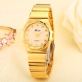 Elegant gold quartz watch with diamond markers on beige fabric with floral accents - Gold Gold Face