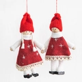 Pair of wool felt Christmas angel dolls in red knit hats with snowflake embroidery - Wooden Doll Couple with Bell (4)