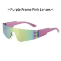 Futuristic rimless sunglasses with purple frame and colorful pink gradient lens - Transparent Purple Temple Pink Mirror