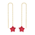 Long gold chain earrings featuring red rhinestone star charms for women - Gold Threader Red Star