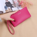 Rose red long zip wallet with litchi pattern and wristlet strap for women - Magenta