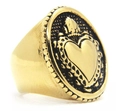 Anello con sigillo cuore sacro dorato retrò con bordo perlato gotico e smalto nero - US 7 / Oro
