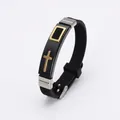 Adjustable black silicone bracelet for men with golden cross and stainless steel clasp - Black Gold Cross
