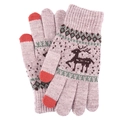 Pink winter knit gloves with reindeer pattern and red touchscreen-sensitive fingertips - Khaki Elk Style