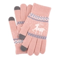 Pink knitted winter gloves with white deer patterns and grey touchscreen fingertips - Dusty Pink Elk Style