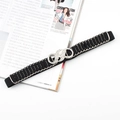 Detail of black elastic waist belt featuring silver metal rings and infinity rhinestone buckle - Figure 8 Rhinestone Buckle (Silver)