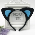 Detail of plush black cat ear headband with light blue inner padding for party costumes - Black with Blue Cat Ears
