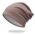 Brown knit beanie hat with grey inner lining featuring thick layered winter thermal fabric - Light Pink