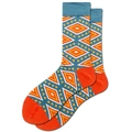 Detail view of colorful geometric diamond pattern on premium cotton knit crew socks - Ethnic Diamond Pattern