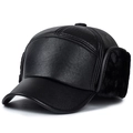 Winter men's black PU leather baseball cap with faux fur earflaps and warm lining - Black