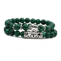 Bohemian malachite beaded bracelet set with vintage silver elephant charm and carved tube - Elephant Style