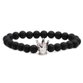 Bracelet en perles de pierre noire mate avec couronne argentée sur fond blanc - Noir Mat Couronne Argentée