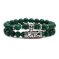 Malachite green beaded double-layer bracelet with vintage silver skull and scroll accents - Skull Style