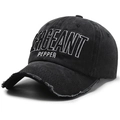 Distressed black denim baseball cap with white Sergeant Pepper embroidery and frayed brim - Adjustable / Black