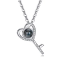 Silver heart key projection necklace featuring 100 languages I Love You with tiny stones - Silver Heart Key Style (07)