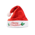 Red plush velvet Christmas hat with Merry Christmas embroidery and holly leaf design - Frayed Embroidered Hat B
