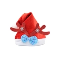 Red velvet Christmas hat with brown glitter reindeer antlers and a plaid bow decoration - A Large Hat With Deer Antlers And A Bow Tie (b)