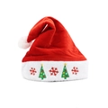 Red velvet Christmas hat featuring white plush trim and embroidered green tree pattern - Frayed Embroidered Hat A