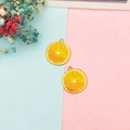 Detail of two orange slice pendants with golden loops on a colorful background - Orange