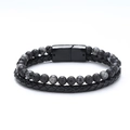 Dettaglio di bracciale multistrato in pelle con perle occhio di tigre e chiusura magnetica - 20.5CM / Labradorite Nera