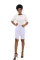 Detail of light purple distressed denim shorts and white knitted top on a female model - S / White