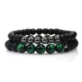 Close-up of matte black beads with tiger eye and hematite stones on two bracelets - Matte Black Beads + Green Cat Eye Beads / Two-Piece Set