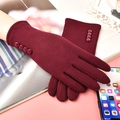Winter thermal burgundy touchscreen gloves with decorative wrist buttons for women - Red With Four Buttons