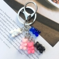 Detail of five colorful resin bear charms on a metallic keychain over text background - Colorful 1