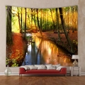 Detail of forest landscape tapestry with sunlight over a stream behind a sofa - 73X95CM (Brushed Fabric) / Stream and Tyndall Light in Dense Forest (GT100011)