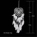 White heart-shaped dream catcher with feathers and wooden beads, 60cm length - White without Light