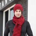 Winter wine red knit set for men featuring a scarf and beanie with checkerboard texture - Hats And Scarves / Burgundy