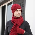 Red 3-piece winter knitted set for men featuring a textured beanie, scarf and gloves. - Hat, Scarf and Gloves / Burgundy