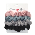 Set of four satin scrunchies in pink, blue, and grey on a Sweet Girl display card - RT-229-N (4-Piece Basic Satin Color Set)
