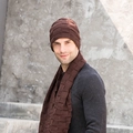 Men's coffee brown knitted winter set featuring beanie hat and matching scarf - Hats And Scarves / Coffee