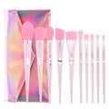 Detailed set of 10 pink makeup brushes with rose gold handles and a holographic pouch - 10Pcs Set + Holographic Bag / Pink