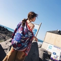 Bohemian navy blue cotton linen shawl with red mandala print and tassel details - 180*90CM / 37121-Dark Blue Mandala