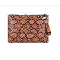 Fashionable orange snakeskin PU leather clutch with black patterns and wrist strap - Dark Brown