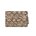Fashionable snake skin print clutch bag with metal ring handle and wrist strap - Tan