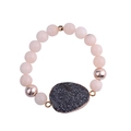 Pink quartz beaded bracelet featuring dark grey druzy crystal pendant with rose gold accents - Dark Grey Druzy Style (BC64-1)